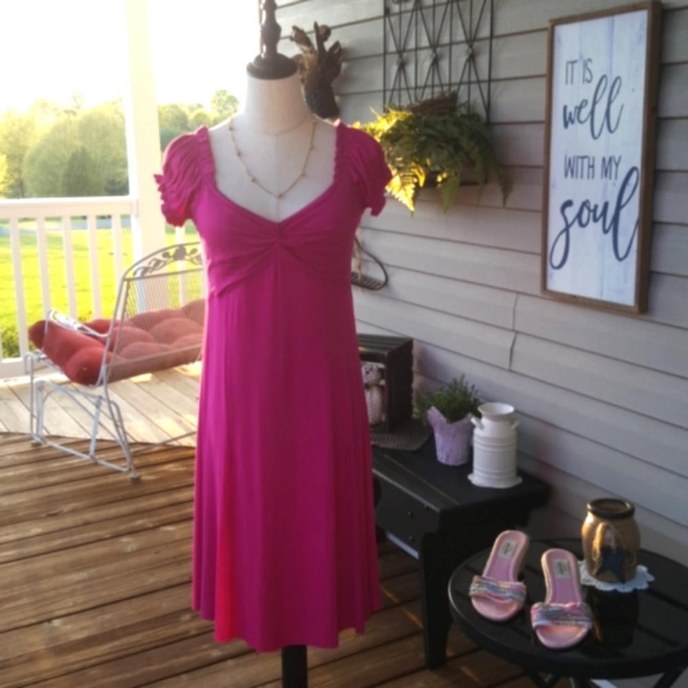 PEPPERMINT BAY ♡ Gorgeous Fuchsia Front Twist Gathered Short Sleeve Sundress S